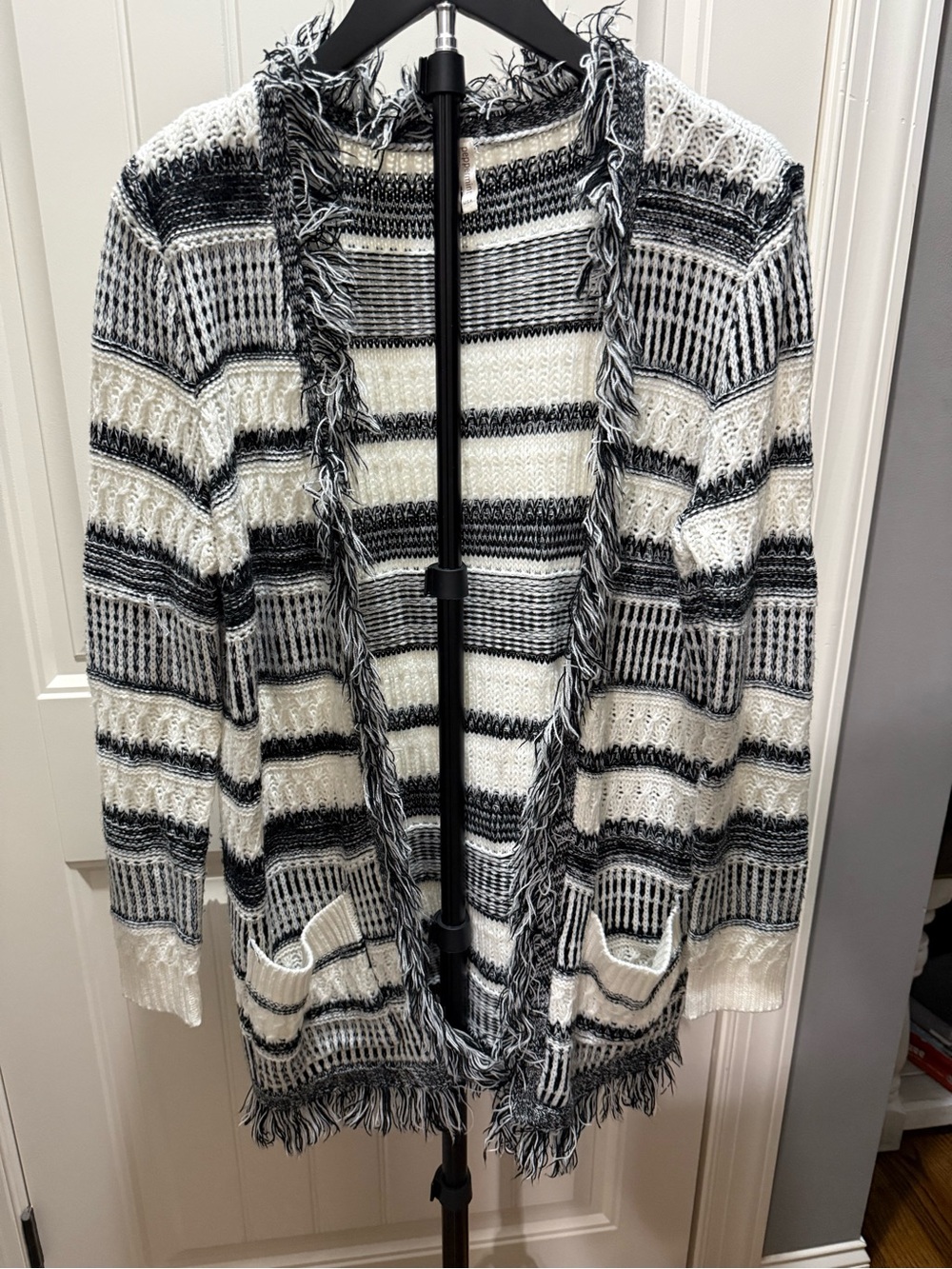 Peppermint Black & White Striped Fringe Open Cardigan